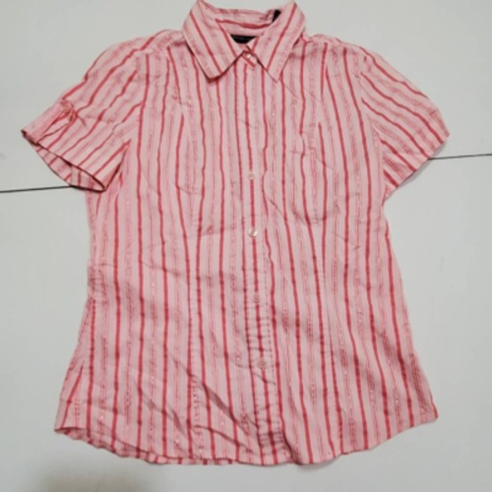 New York & Company Womens Button Front Shirt Pink Striped Short Sleeve Stretch M